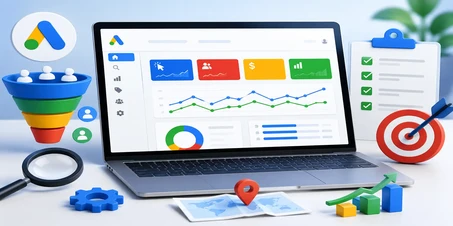 Google Ads campaign setup illustration with dashboard, audience targeting, keyword research, smart bidding, and conversion tracking