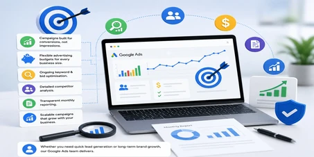 PPC management illustration showing Google Ads optimization, conversion tracking, competitor analysis, reporting, and business growth